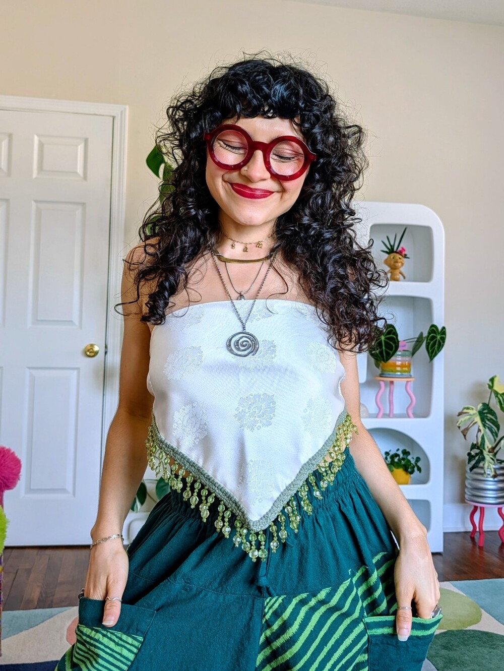 Upcycled silk scarf top with tassels
